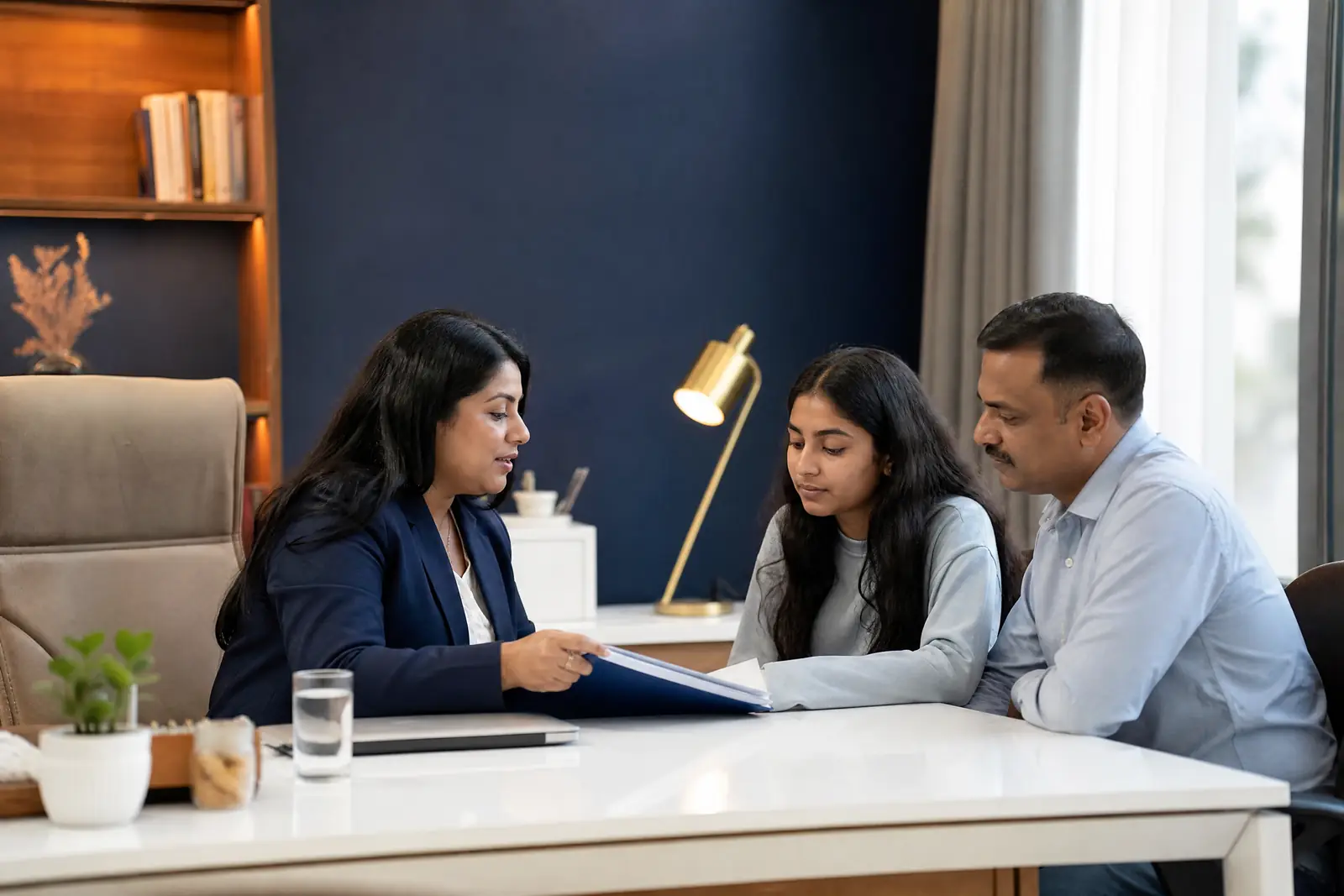 A counsellor reviewing documents with a student and her father