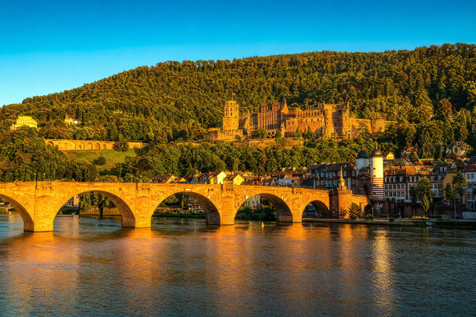 Heidelberg old bridge, river and castle on the hill at golden hour
